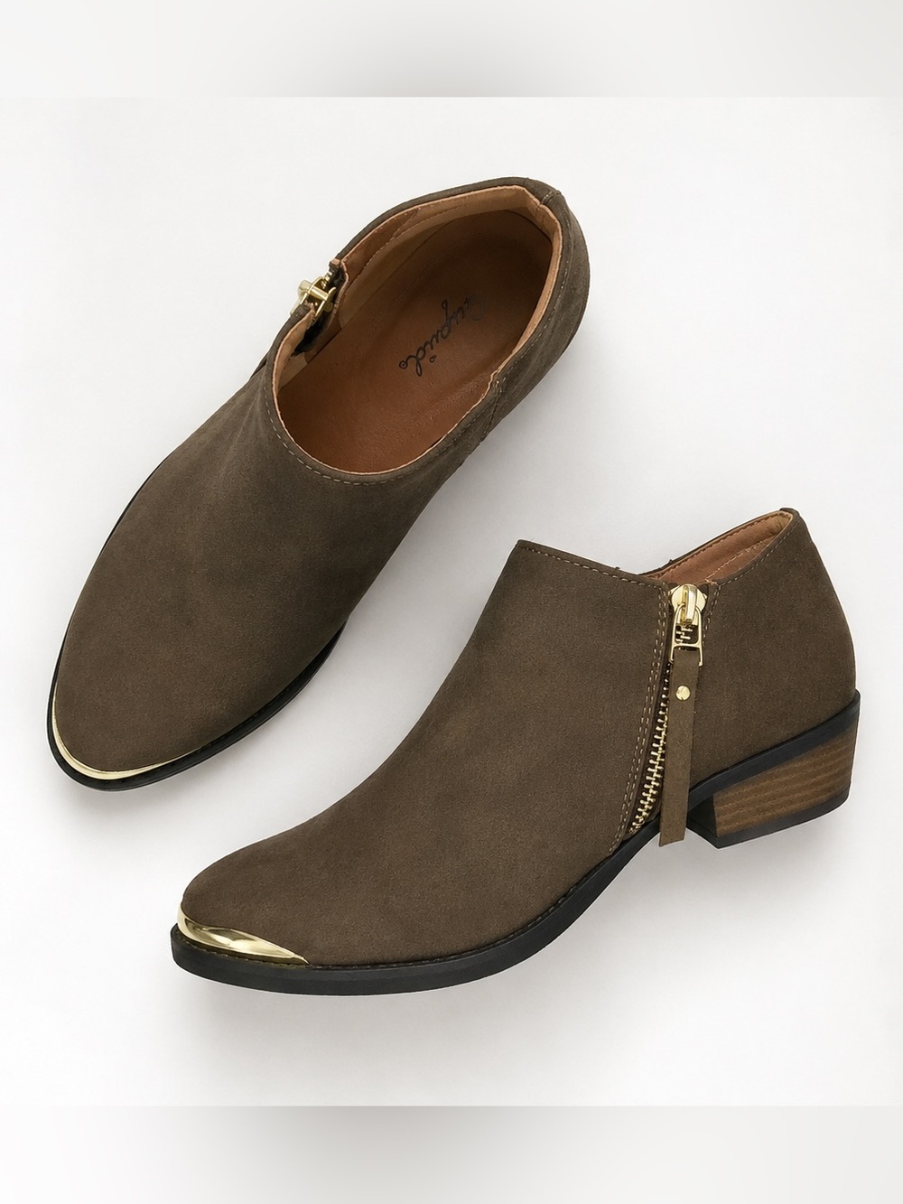Olive green gold accent suede ankle booties boots khaki